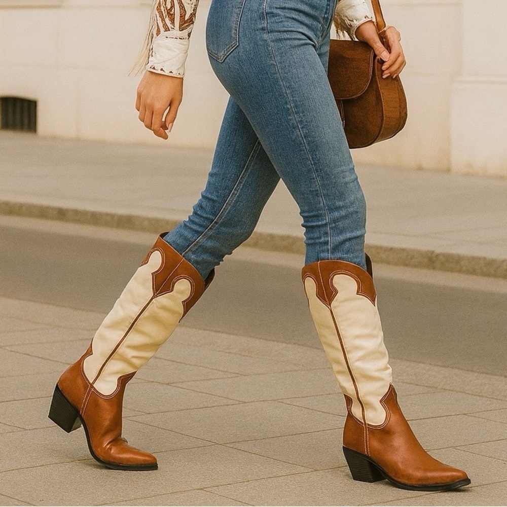 Zodiac Dawson Brown & Cream Vegan Tall Boots – Classic Western Beauty, Size 6M - Picture 2 of 13